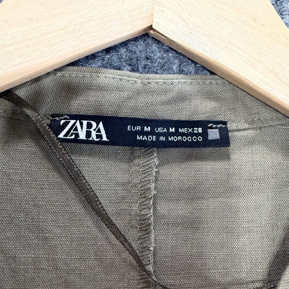 Zara Womens Olive Green Linen Blend Utility Button Front Jumpsuit Size M